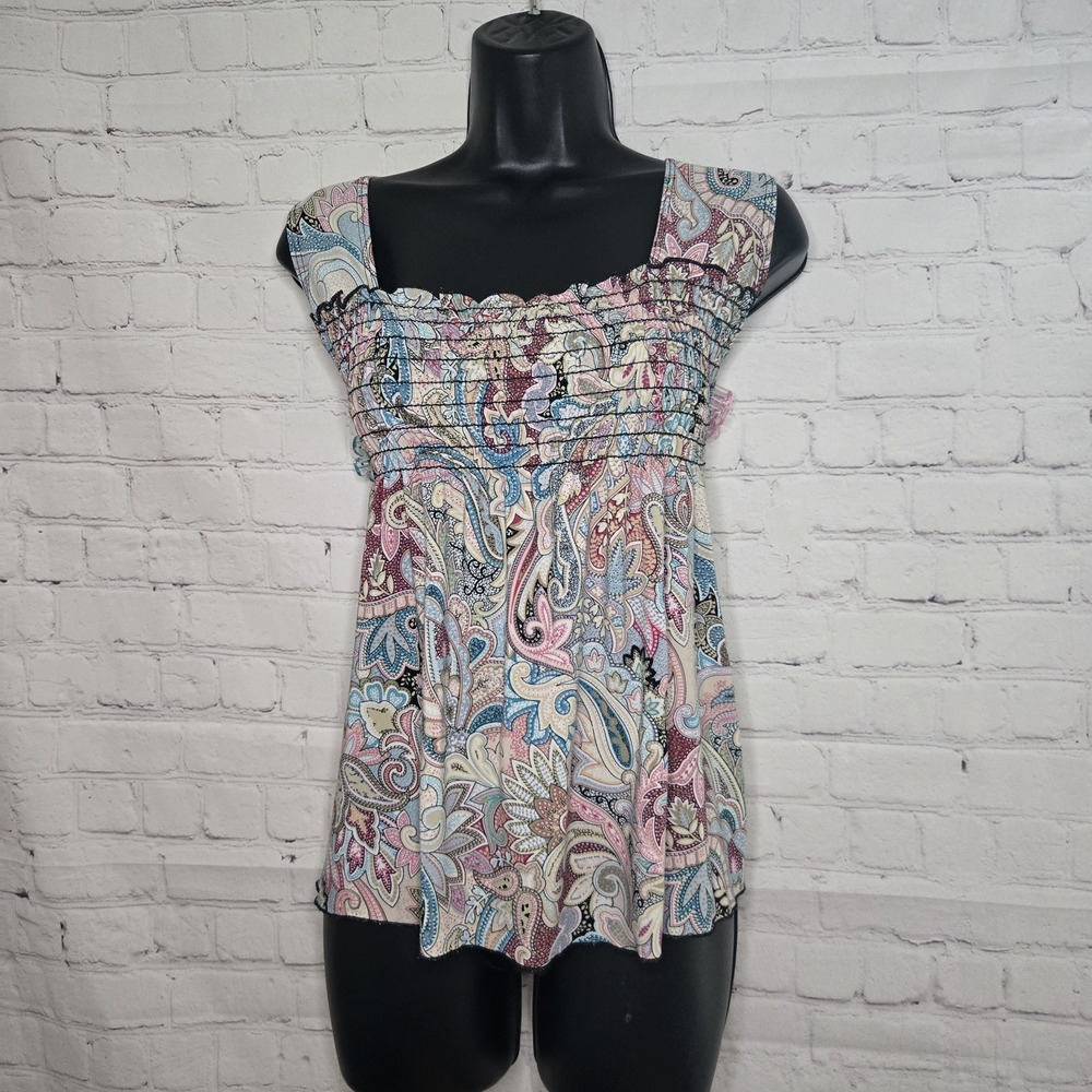 y2k retro paisley smocked  babydoll milkmaid slinky top Susan Lawrence M